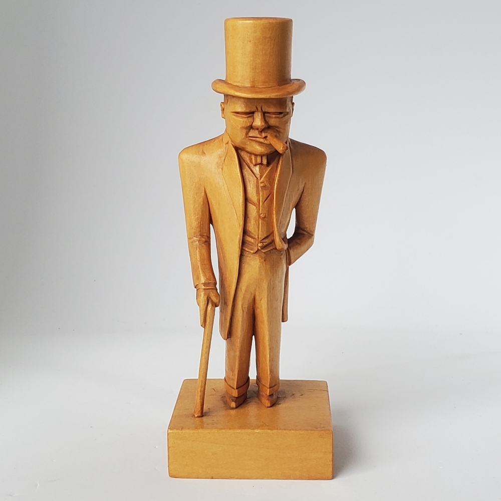 Vintage Carved Wood Figurine Of Winston Churchill Nice Details Well Done
